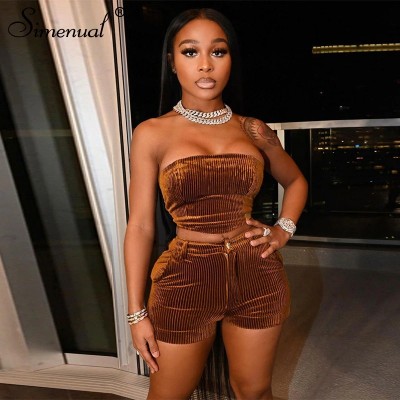 Simenual Corduroy Brown Tube Top And Shorts Set Skinny Baddie Clothes Streetwear 2 Piece Outfits Fashion Athleisure Co-ord Sets